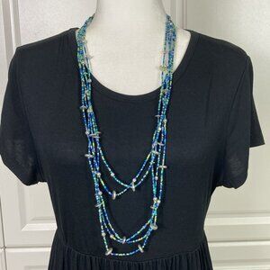 Chico's Necklace Multi Layer Strand Blue Seed Bead Silver Disc Artsy Boho Resort